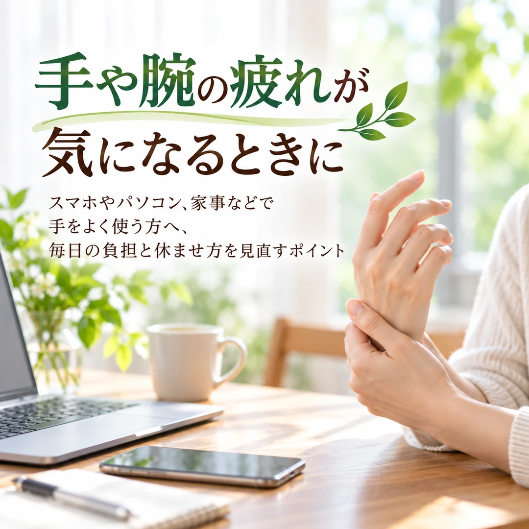 スマホやパソコンなどで手や腕の疲れが気になる方に向けた休息とセルフケアのイメージ