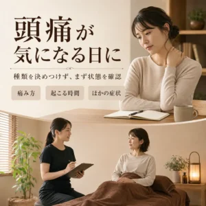 頭痛が気になる日に痛み方や起こる時間、ほかの症状を確認する方法を紹介する画像