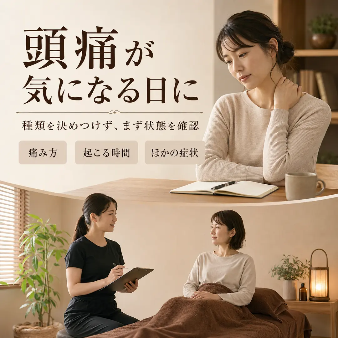 頭痛が気になる日に痛み方や起こる時間、ほかの症状を確認する方法を紹介する画像