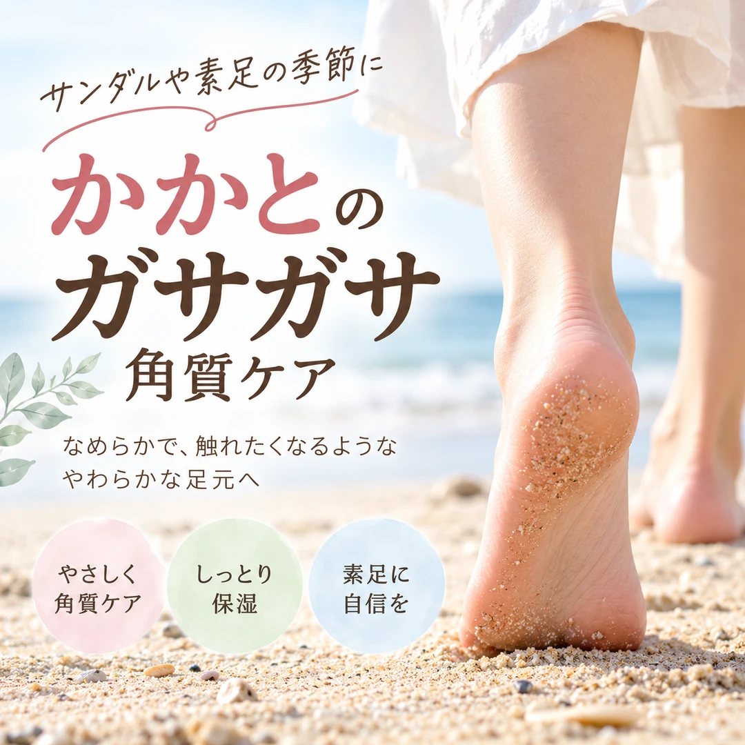 サンダルや素足の季節に気になるかかとのガサガサと足裏角質ケアのイメージ