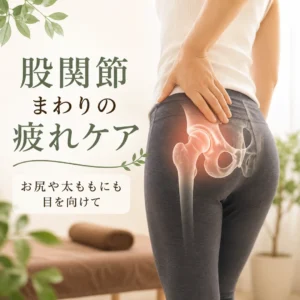 股関節まわりの疲れとお尻や太もものセルフケアを紹介するイメージ画像