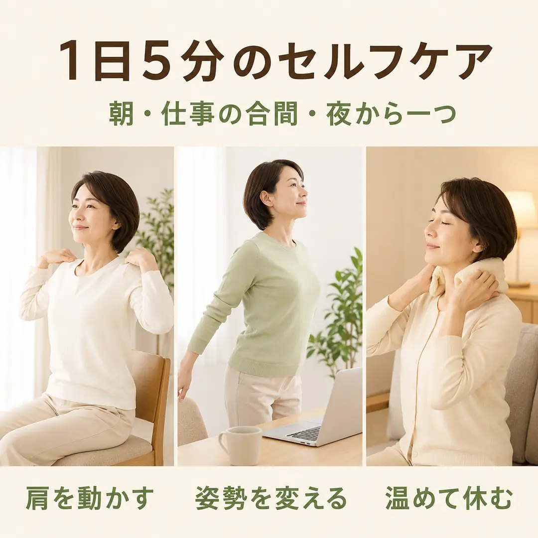 朝の肩の動き、仕事の合間の姿勢変更、夜の蒸しタオルから一つ選ぶ5分セルフケアのイメージ画像
