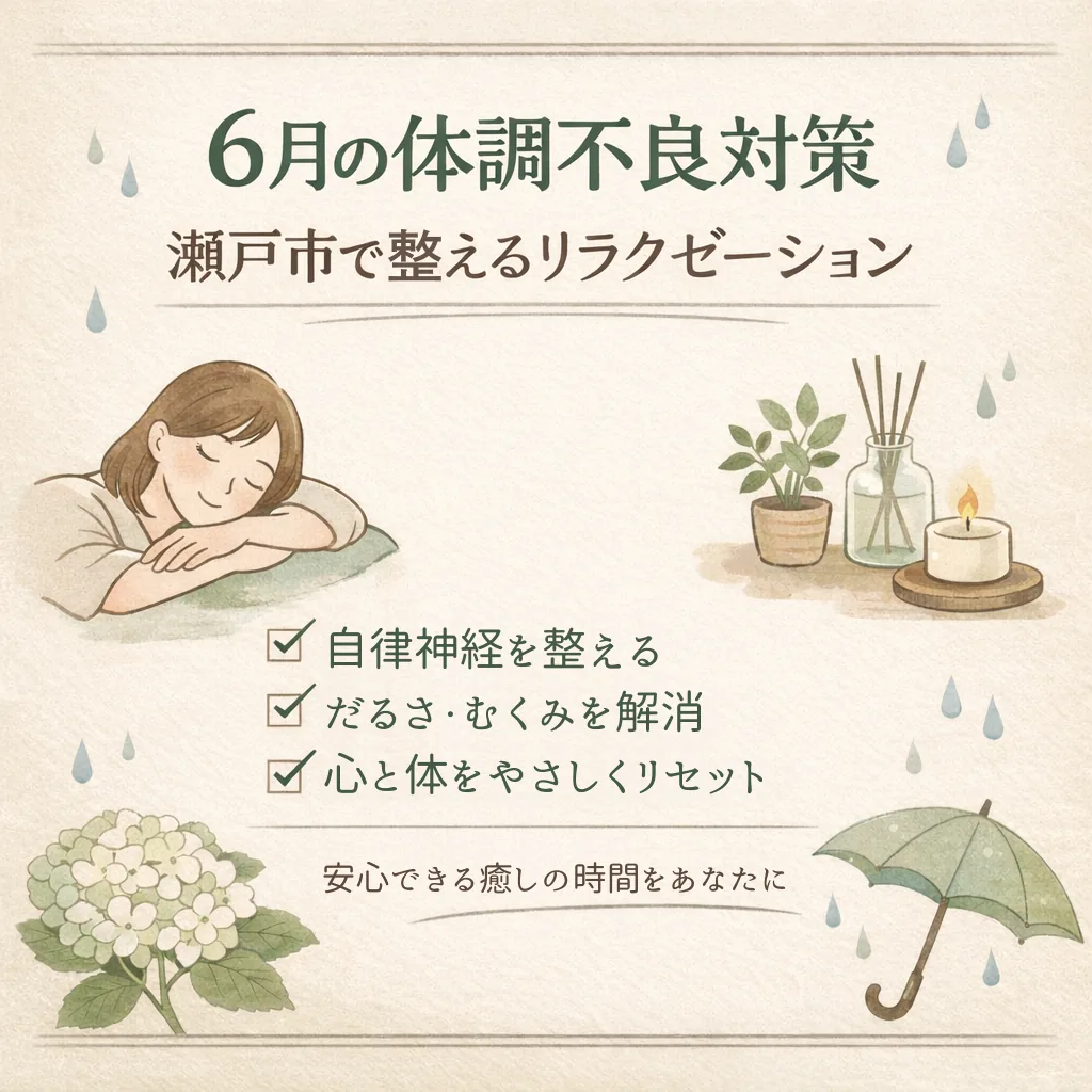 6月や梅雨入り前後に体が重く感じる日の休み方と施術の力加減を紹介するシエスタ瀬戸西店のイメージ