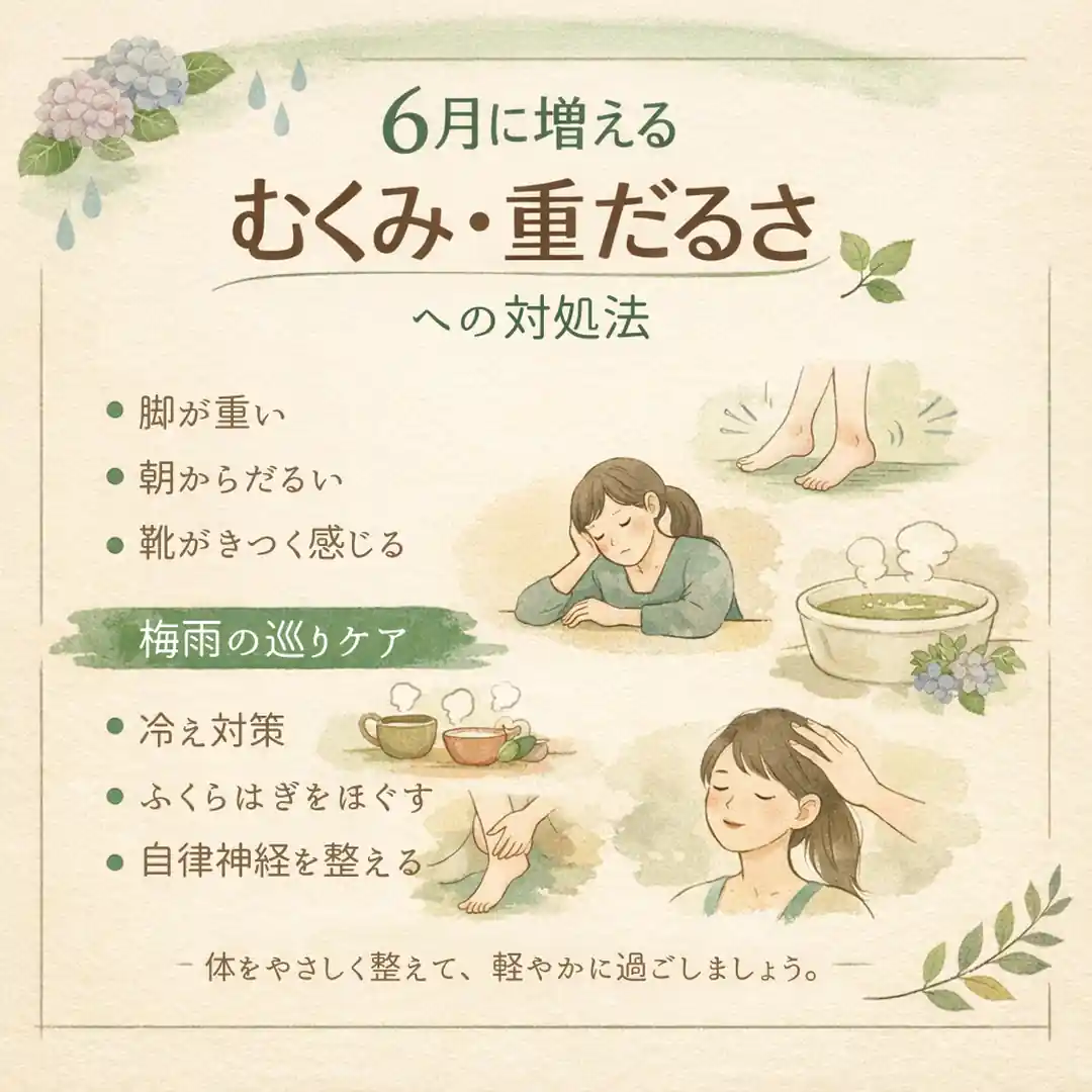6月に脚の重だるさや靴のきつさを感じる方へ梅雨時期の過ごし方を紹介するリラクゼーションルーム シエスタ瀬戸西店の画像