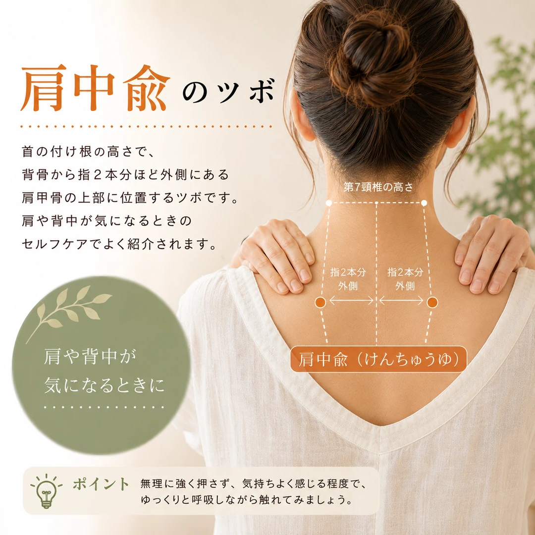 首の付け根から肩甲骨上部にある肩中兪のツボの位置と肩背中のセルフケアを紹介するイメージ画像
