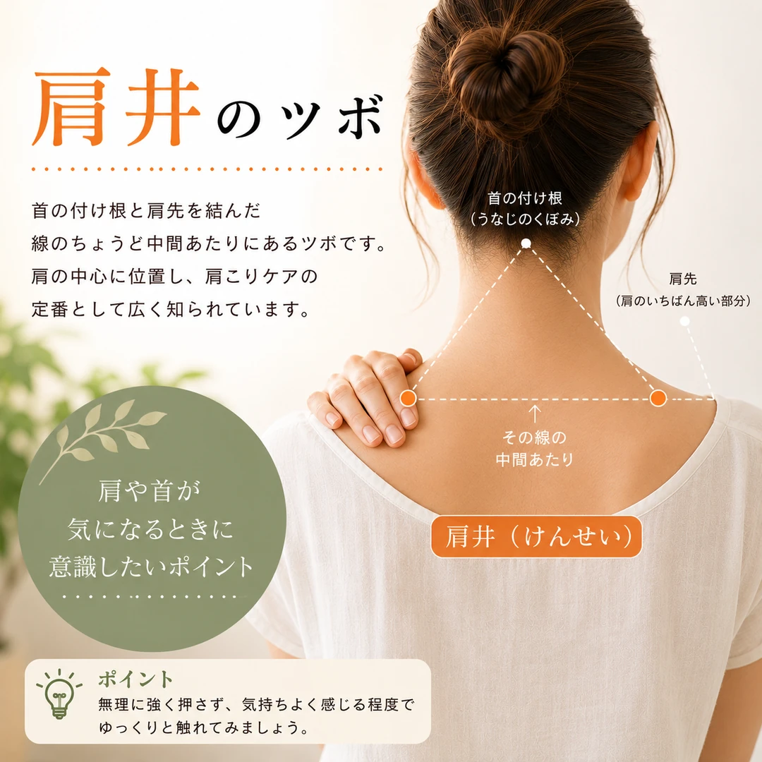 首の付け根と肩先の間にある肩井のツボの位置と肩首のセルフケアを紹介するイメージ画像