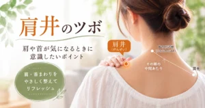 首の付け根と肩先の中間にある肩井のツボの位置を紹介するイメージ画像