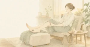 足の疲れや重だるさを感じ、ソファで脚を休める女性のイメージ
