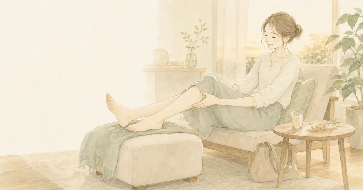 立ち仕事やデスクワークのあとに足の疲れを感じ、ソファで脚を休める女性のイメージ