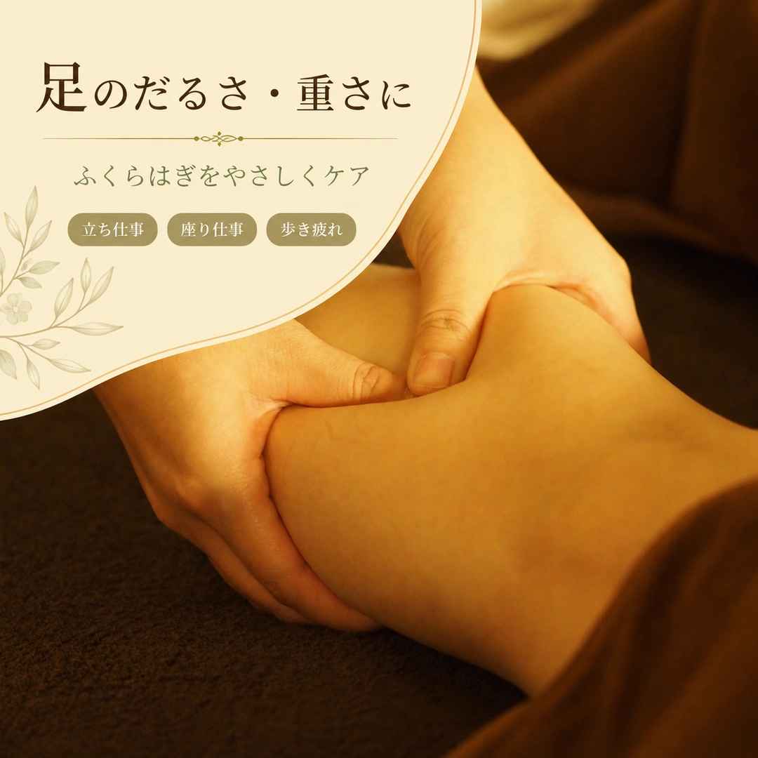 瀬戸市のリラクゼーションルーム シエスタ瀬戸西店｜足のだるさや重さにふくらはぎオイルケアを行う施術風景