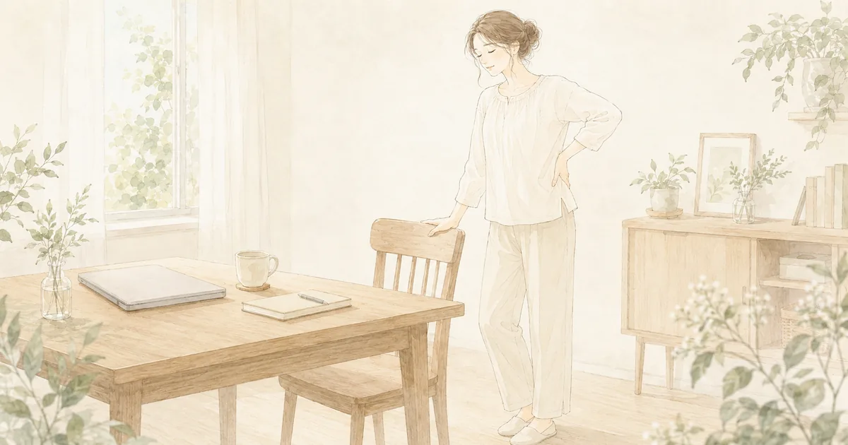 長時間のデスクワーク後に立ち上がり、腰の疲れや重さを感じている女性のイメージ