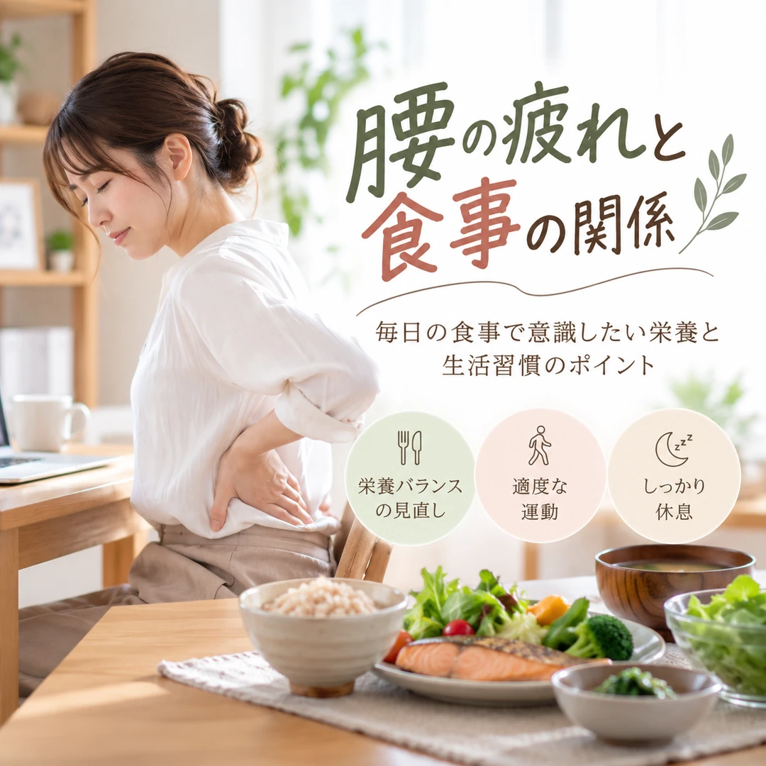 デスクワークで腰の疲れを感じる女性とバランスのよい食事のイメージ