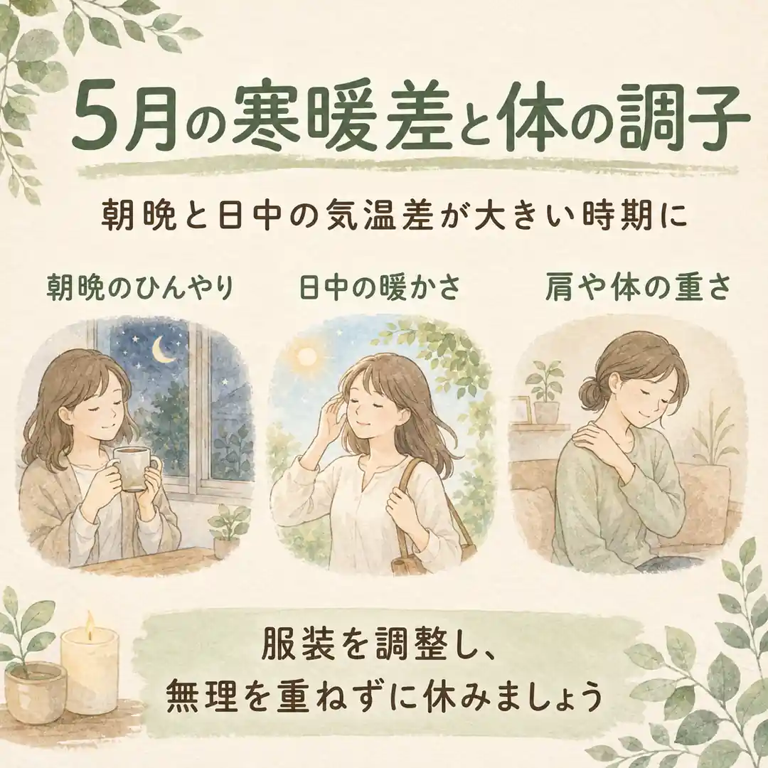 5月の朝晩と日中の寒暖差や、肩や体の重さが気になるときの過ごし方を紹介するイラスト