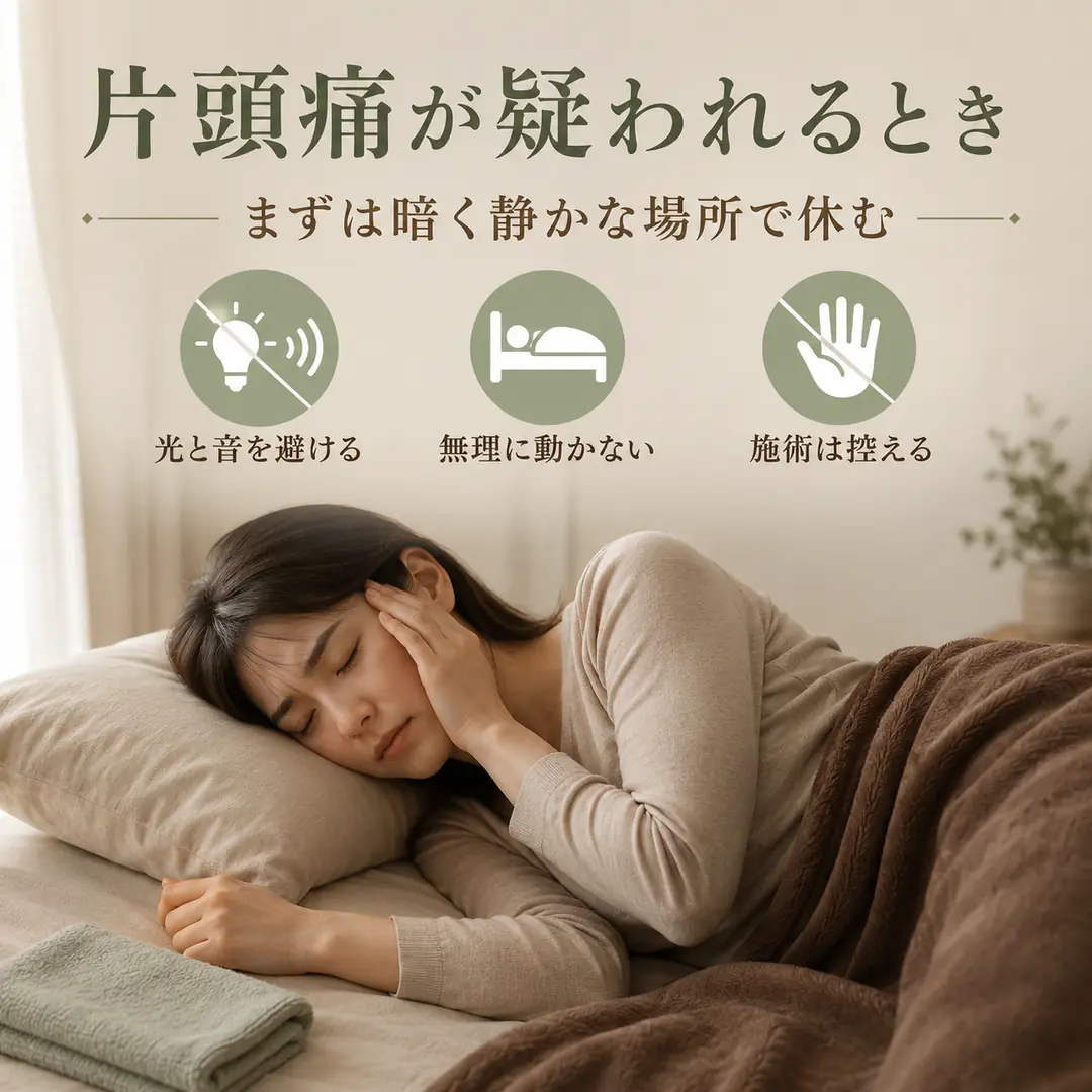 片頭痛が疑われるときに光と音を避け、暗く静かな場所で休む過ごし方を紹介するイメージ画像