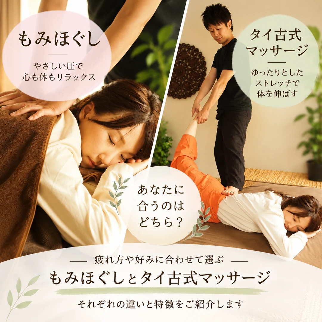 もみほぐしとタイ古式マッサージの違いや特徴を紹介する施術イメージ