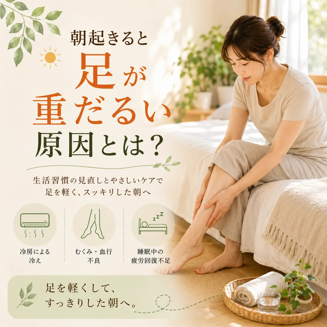 朝起きたときの足の重だるさと生活習慣の見直しを紹介するイメージ画像