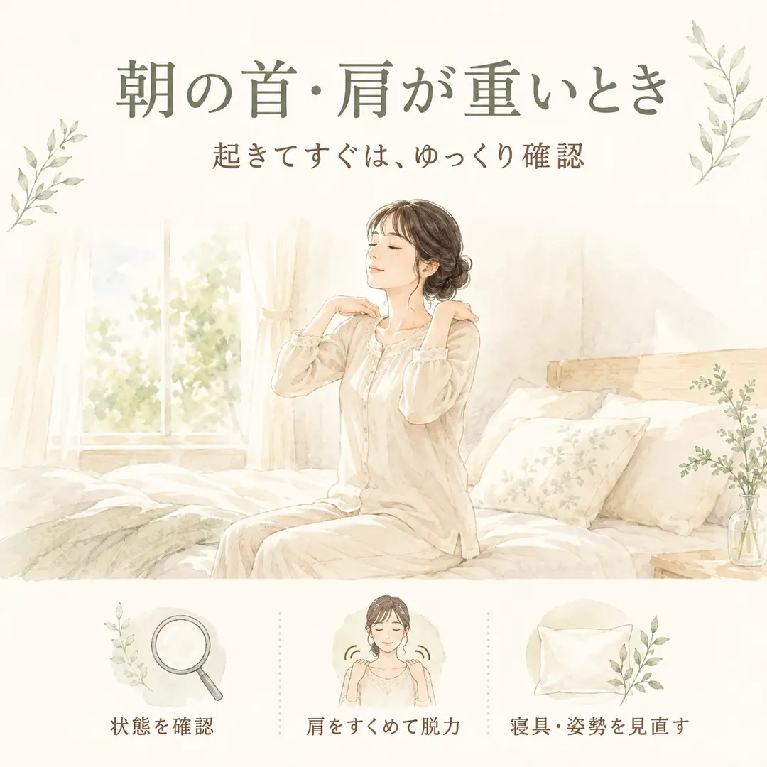 朝の首や肩の重さを確認し、肩をゆっくりすくめて力を抜く1分セルフケアと寝具・姿勢の見直しを紹介するイメージ画像