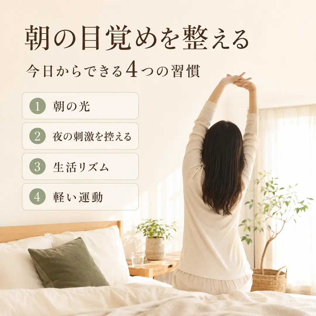 朝の目覚めを整えるために朝の光や生活リズムなど4つの習慣を紹介するイメージ画像
