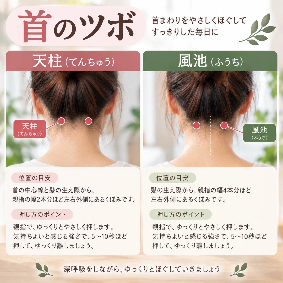 首の疲れが気になるときに取り入れたい天柱と風池の位置と押し方