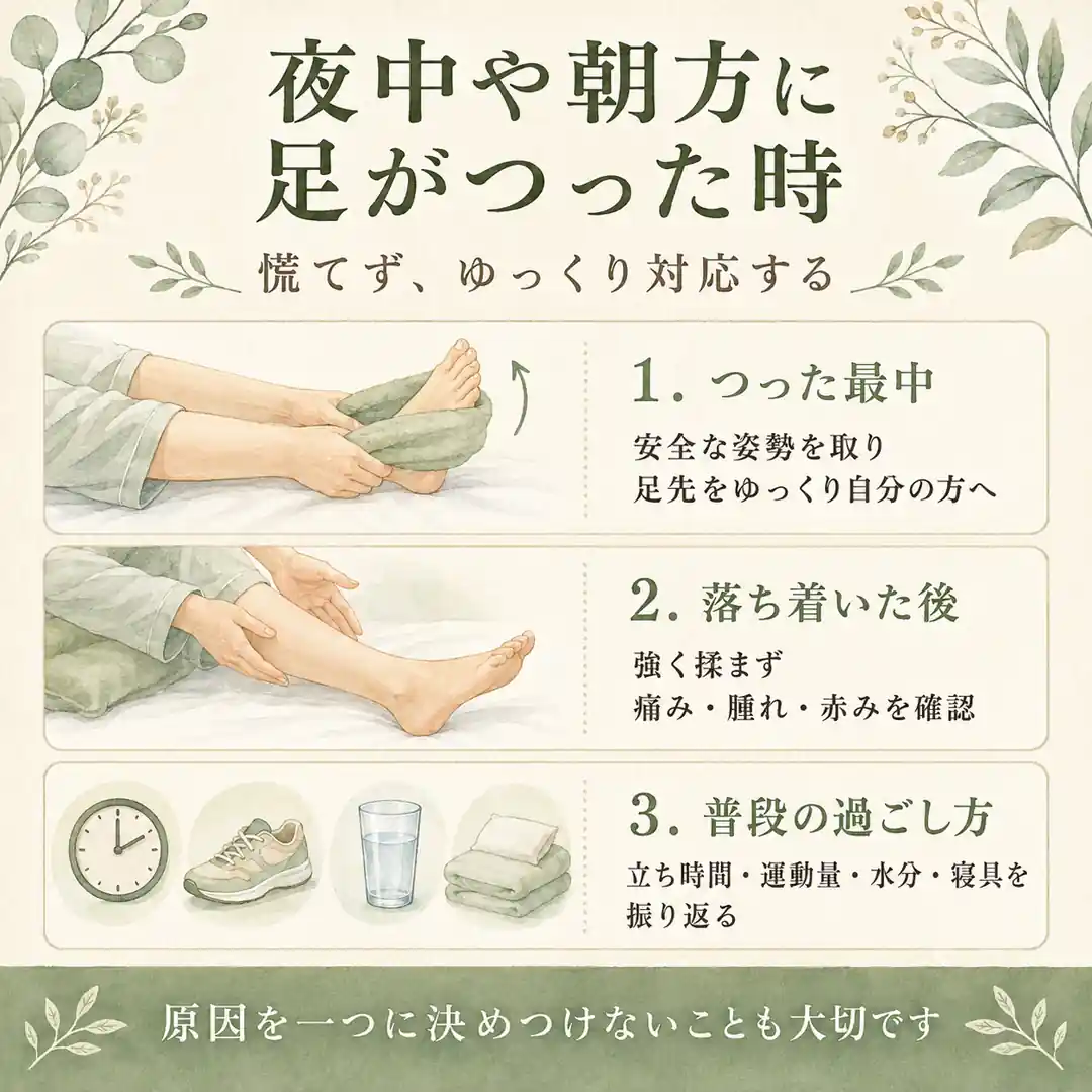 夜中や朝方に足がつった時の対応と、落ち着いた後に確認したいこと、普段の過ごし方を紹介するリラクゼーションルーム シエスタ瀬戸西店の案内画像