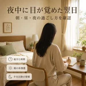 夜中に目が覚めた翌日に起きた時間や朝の休養感、夕方以降の習慣を振り返る女性の画像
