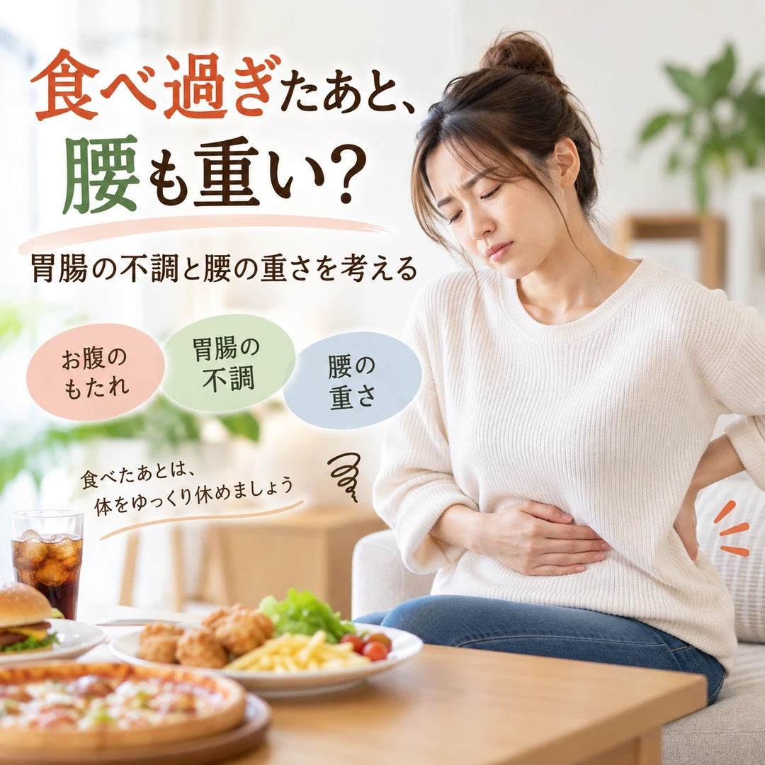 食べ過ぎたあとに胃腸の不調と腰の重さを感じる場面を表したイメージ
