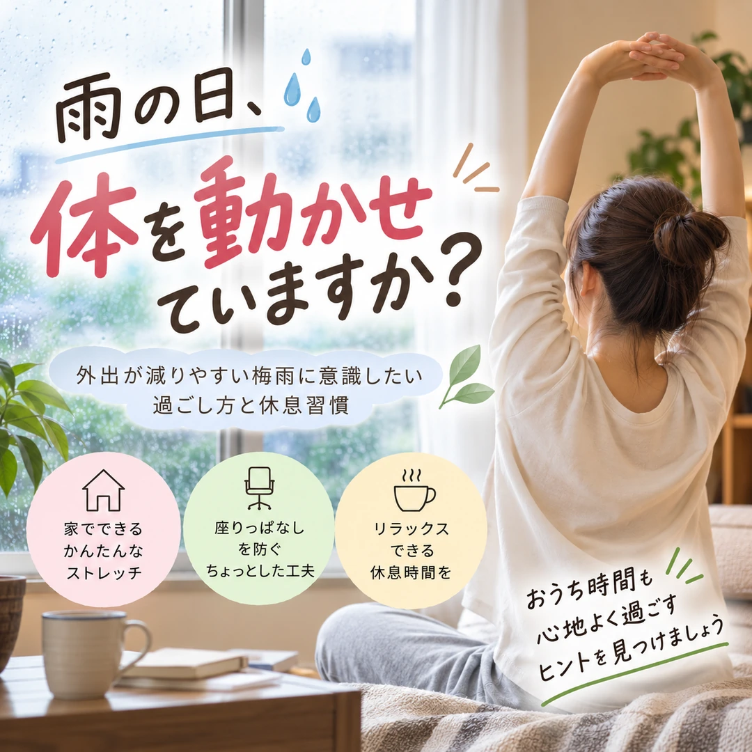 雨の日に自宅でストレッチをして体を動かす女性のイメージ