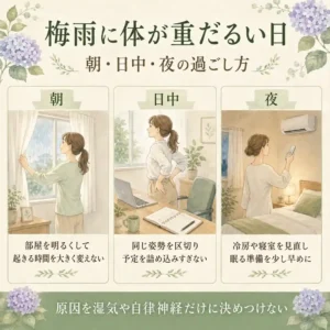 梅雨に体が重だるい日に、朝・日中・夜に分けて無理なく休息を取り入れる過ごし方を紹介するリラクゼーションルーム シエスタ瀬戸西店の案内画像