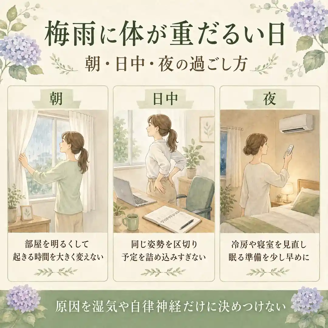 梅雨に体が重だるく感じる時の生活習慣と無理のない過ごし方を紹介するシエスタ瀬戸西店の画像