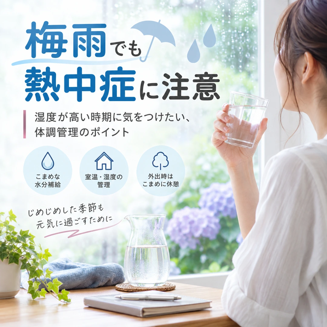 梅雨の時期の熱中症対策として水分補給や室温管理、休憩のポイントを紹介するイメージ