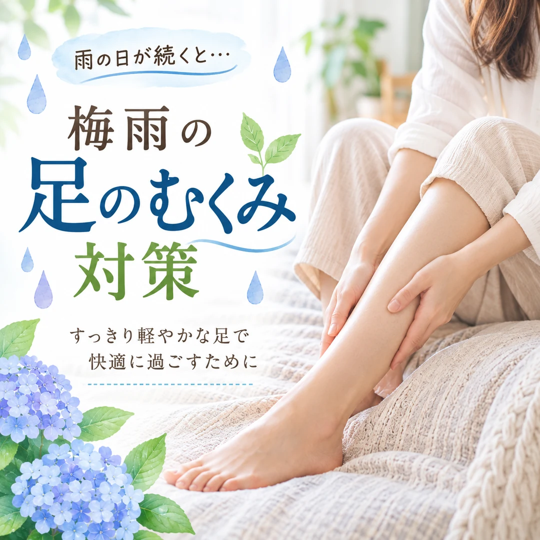 梅雨に夕方の足の重さやむくみが気になる方へ足のケアを紹介するイメージ