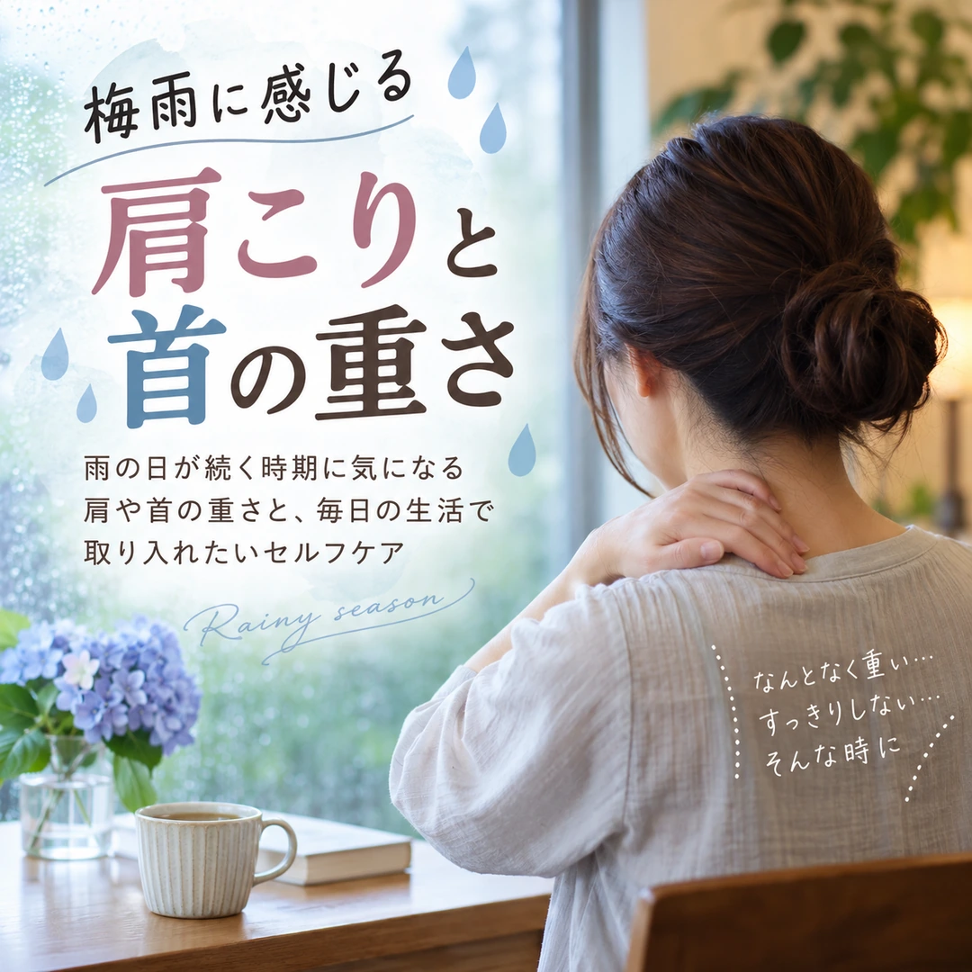 梅雨の時期に肩こりや首の重さを感じる女性のイメージ