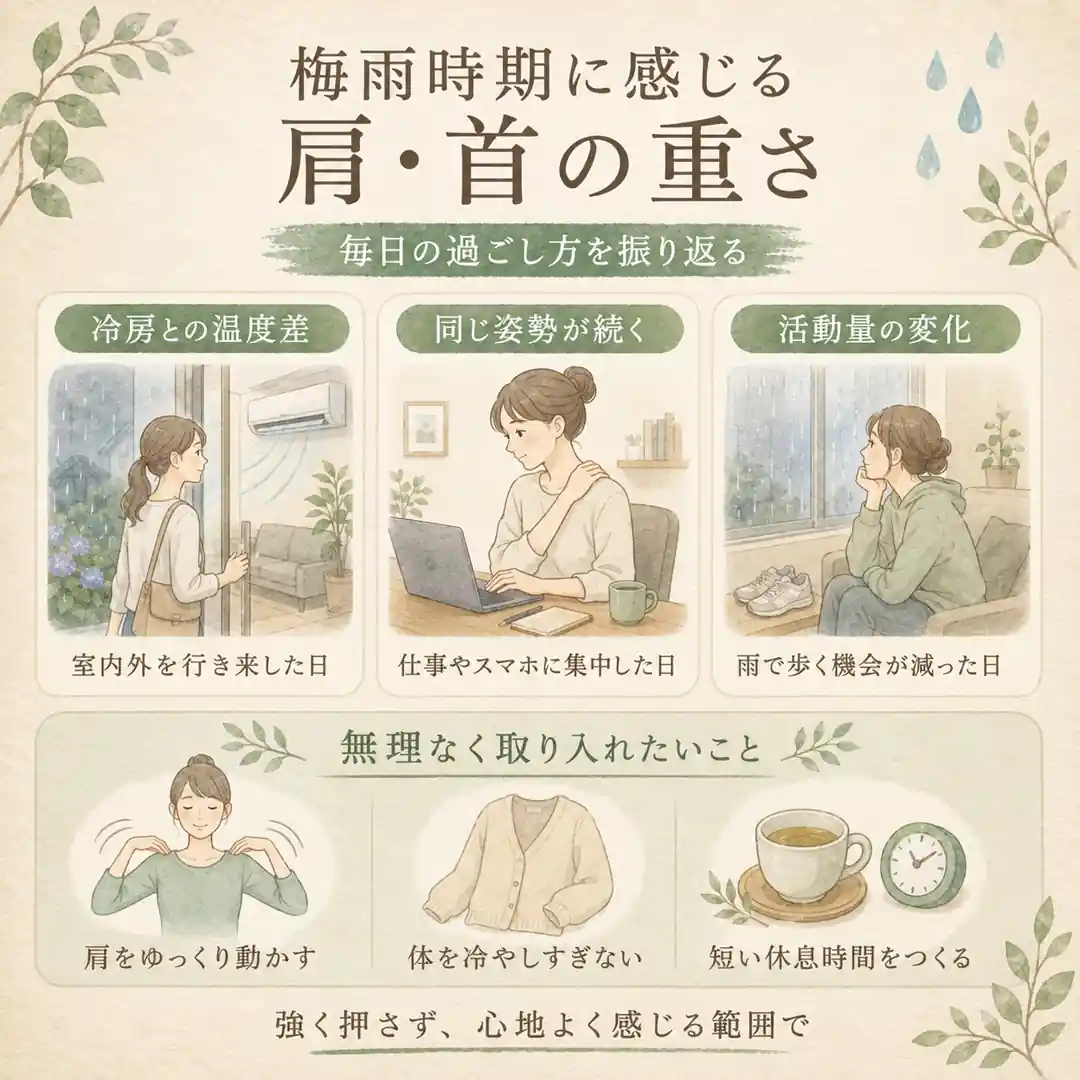 梅雨時期に肩や首の重さを感じる日に振り返りたい生活場面と無理のない過ごし方を紹介するリラクゼーションルーム シエスタ瀬戸西店のイメージ画像