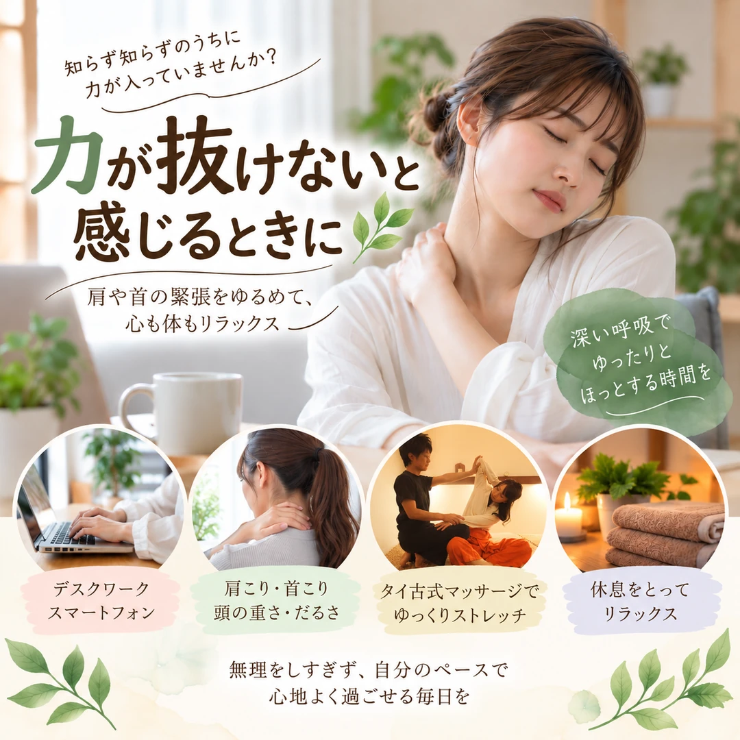 肩や首に力が入りやすい日常場面とシエスタのタイ古式マッサージ施術を紹介するイメージ