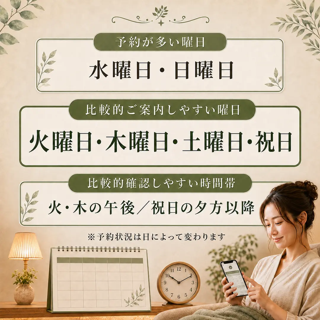シエスタ瀬戸西店の予約傾向｜予約が多い水曜日・日曜日と比較的ご案内しやすい火曜日・木曜日・土曜日・祝日