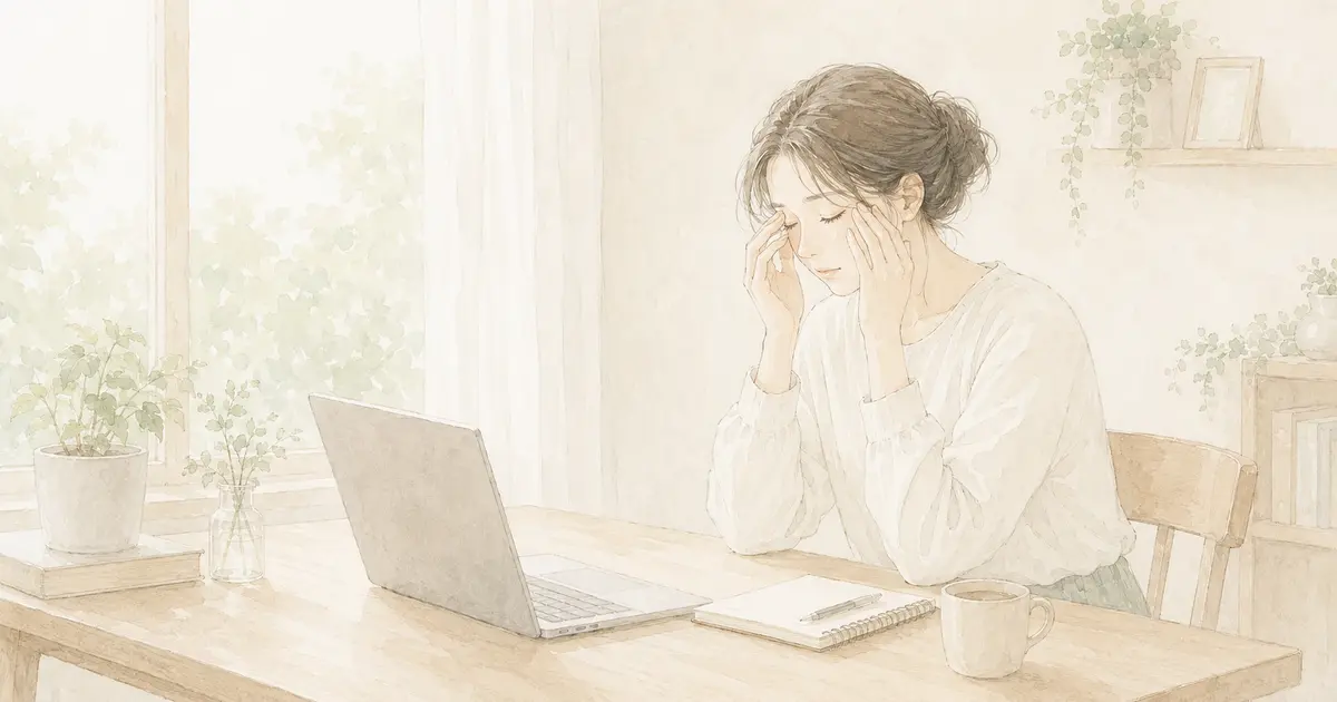 パソコン作業後に目の疲れと頭の重さを感じる女性