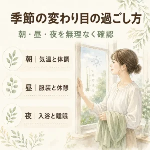 季節の変わり目に朝・昼・夜の気温や服装、休憩、入浴、睡眠を確認する過ごし方を紹介するイメージ画像