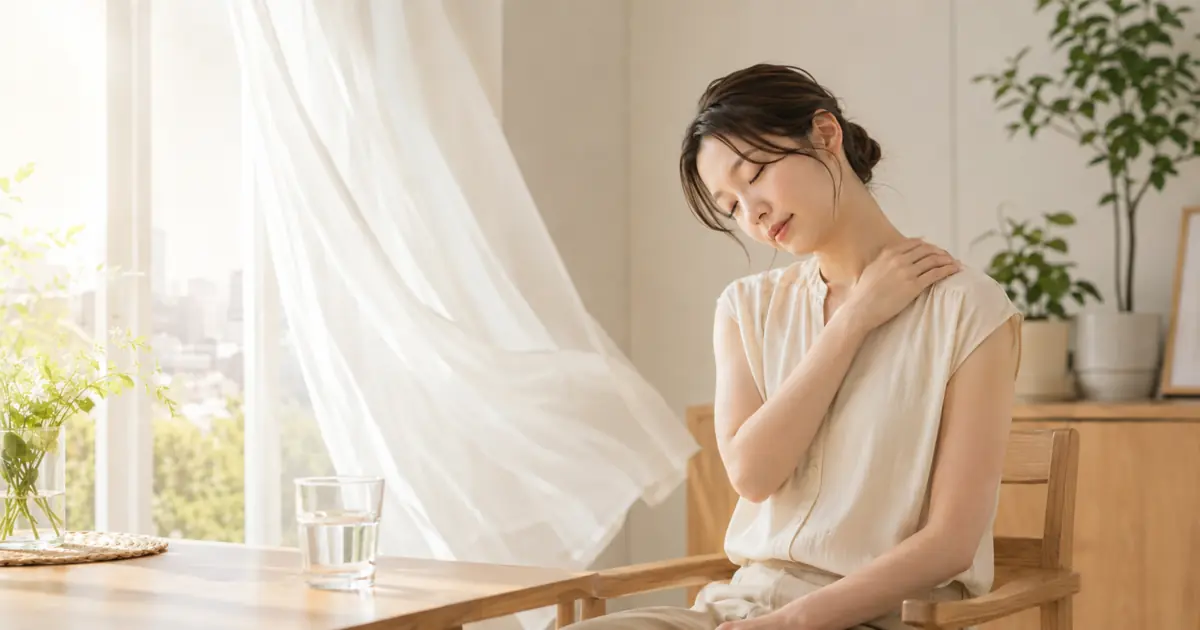 酷暑が続く夏に肩や体のだるさを感じて休む女性のイメージ
