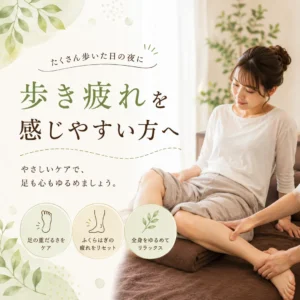 歩き疲れを感じやすい方へ、足やふくらはぎをやさしく休める時間を提案するイメージ