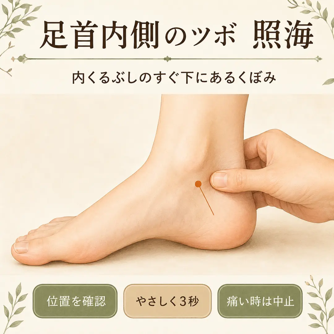足首内側にあるツボ照海の位置とやさしい押し方を示したイラスト｜シエスタ瀬戸西店