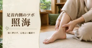 自宅で足首内側のツボ照海をやさしく押すセルフケアの様子｜シエスタ瀬戸西店