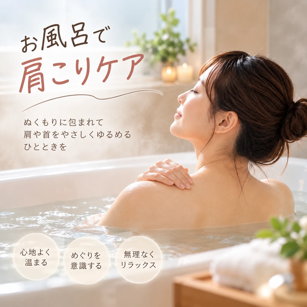 肩こりが気になる日に湯船で肩まわりをゆっくり休ませる女性のイメージ