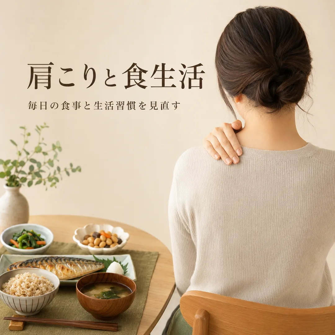 肩に手を添える女性と魚や野菜を取り入れた食事|瀬戸市のリラクゼーションルーム シエスタ瀬戸西店