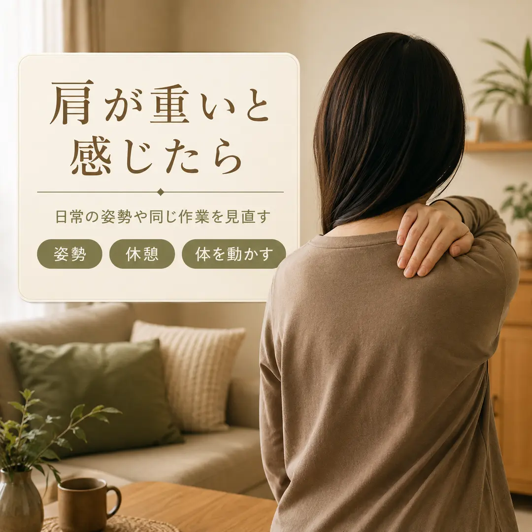 肩の重さを感じて肩へ手を添える女性の後ろ姿｜リラクゼーションルーム シエスタ瀬戸西店