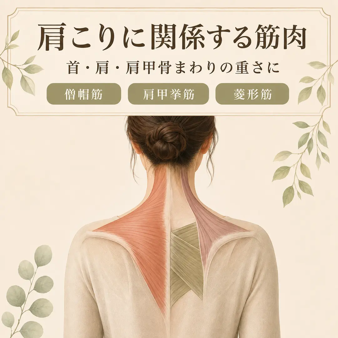 肩こりに関係する僧帽筋・肩甲挙筋・菱形筋の位置を示したイラスト｜シエスタ瀬戸西店