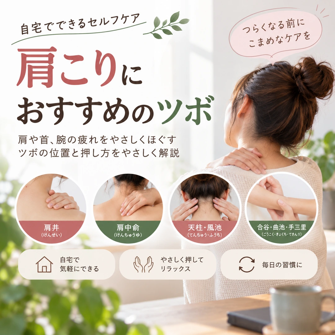 肩こりが気になるときに押したい肩や首、腕のツボを紹介するイメージ