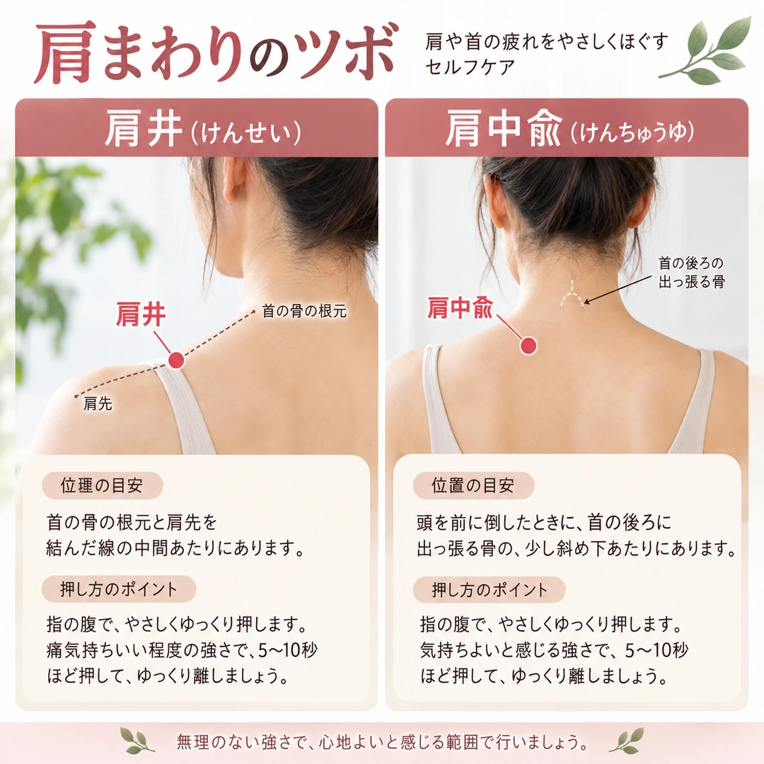 肩こりのセルフケアに取り入れたい肩井と肩中兪の位置と押し方