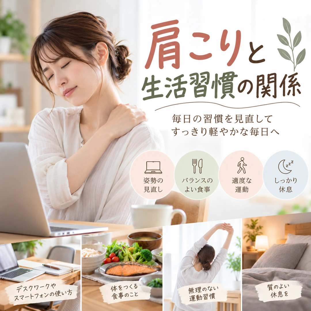 肩こりが気になる女性と姿勢や食事、運動、休息などの生活習慣を紹介するイメージ