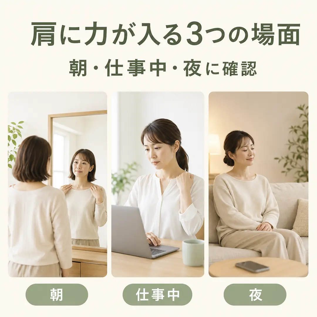 朝、パソコンでの仕事中、夜の3場面で肩に力が入っていないか確認する女性のイメージ画像