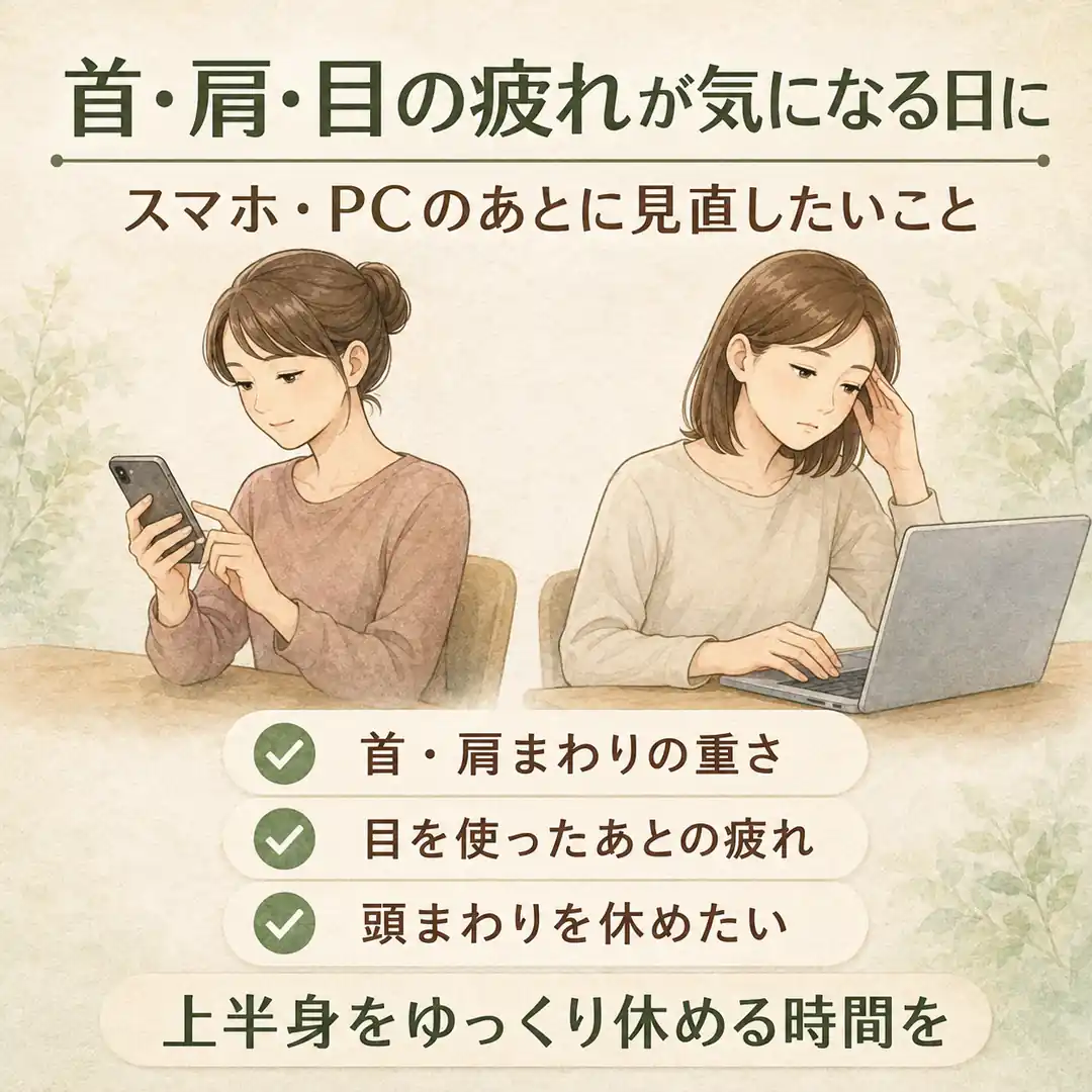 スマホやパソコン使用後の首・肩・目の疲れと休息を紹介するシエスタ瀬戸西店の記事画像